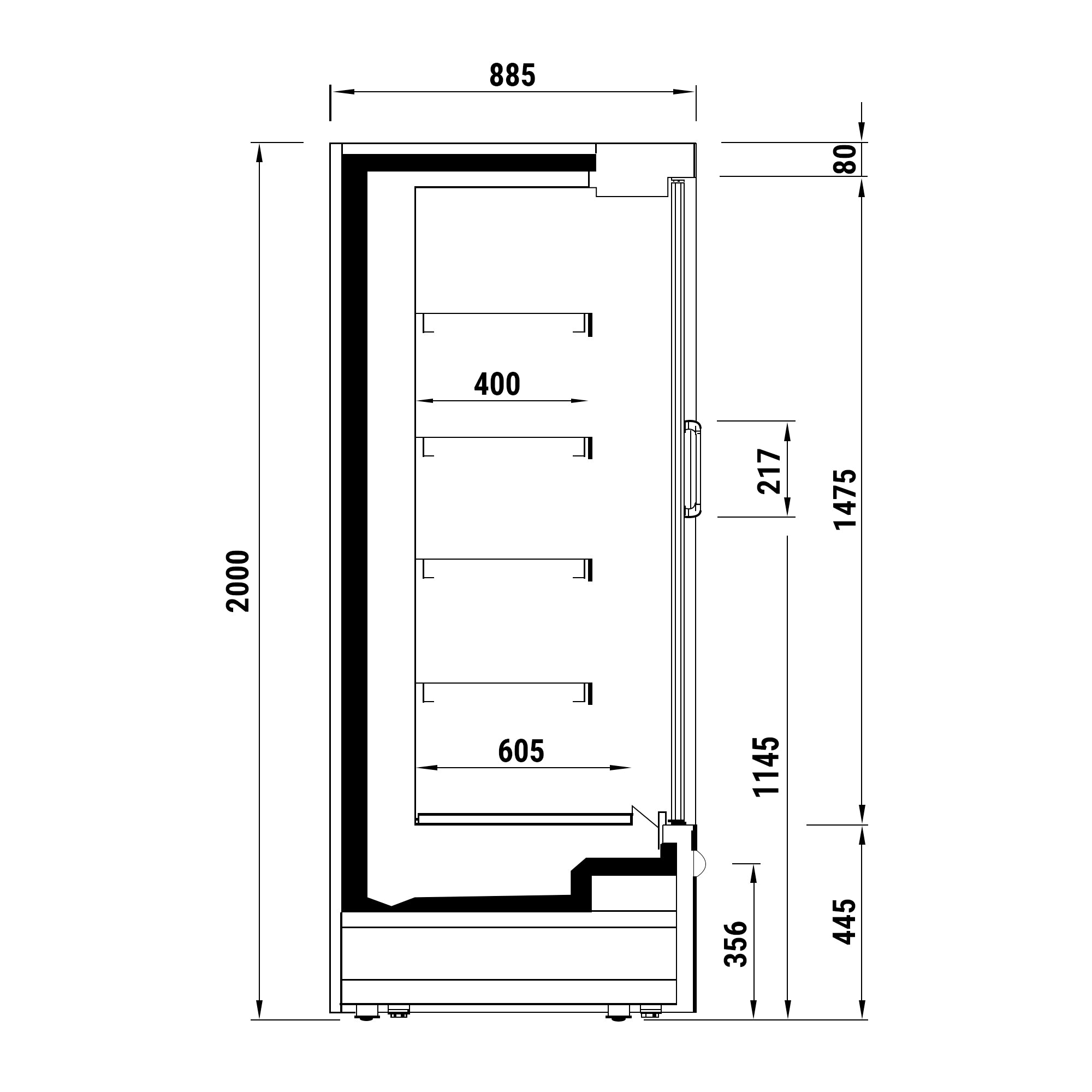 Wall cooling shelf black - 1.02 x 0.88 m - with 4 shelves