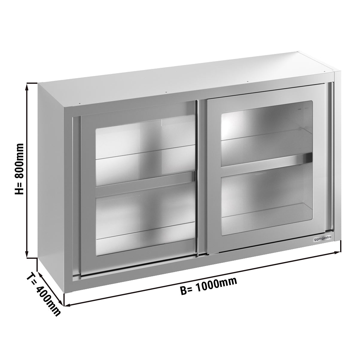 Stainless steel wall cabinet 1.0m - with sliding glass door - 0.8m high