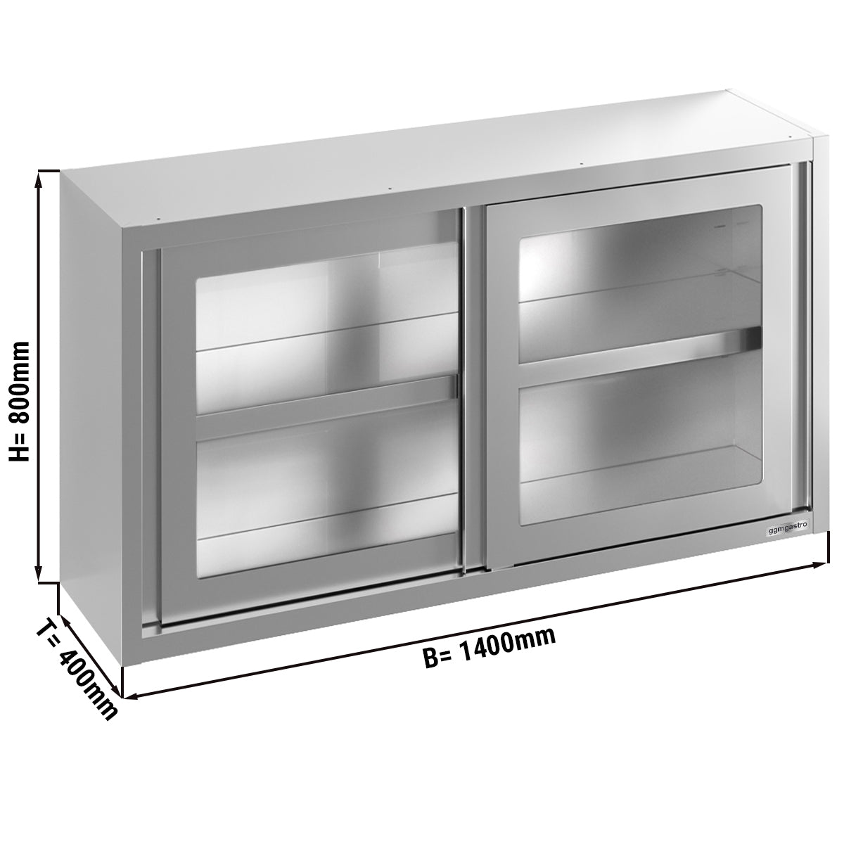 Stainless steel wall cabinet 1.4m - with sliding glass door - 0.8m height