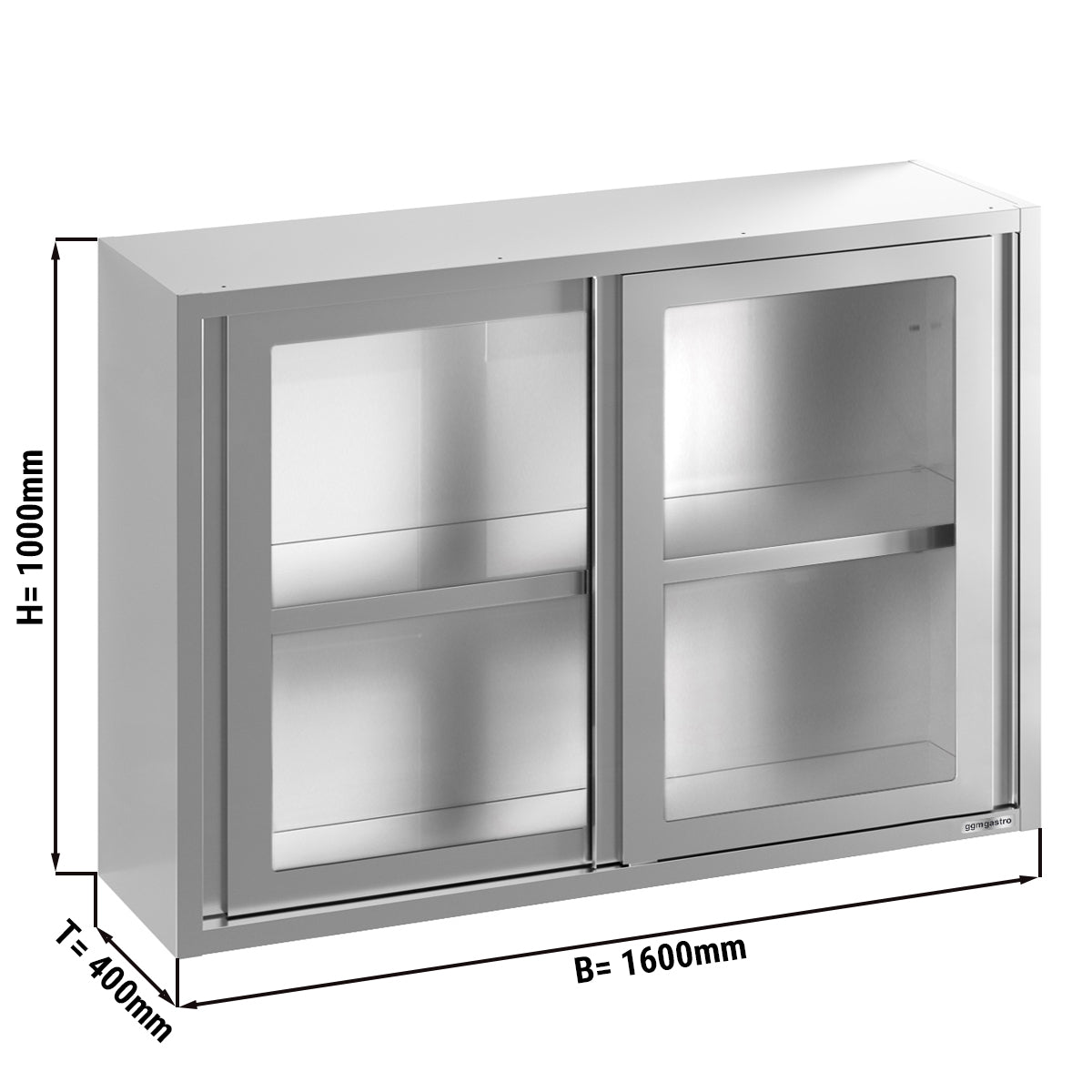 Stainless steel wall cabinet 1.6 m - with sliding glass door - 1.0 m high