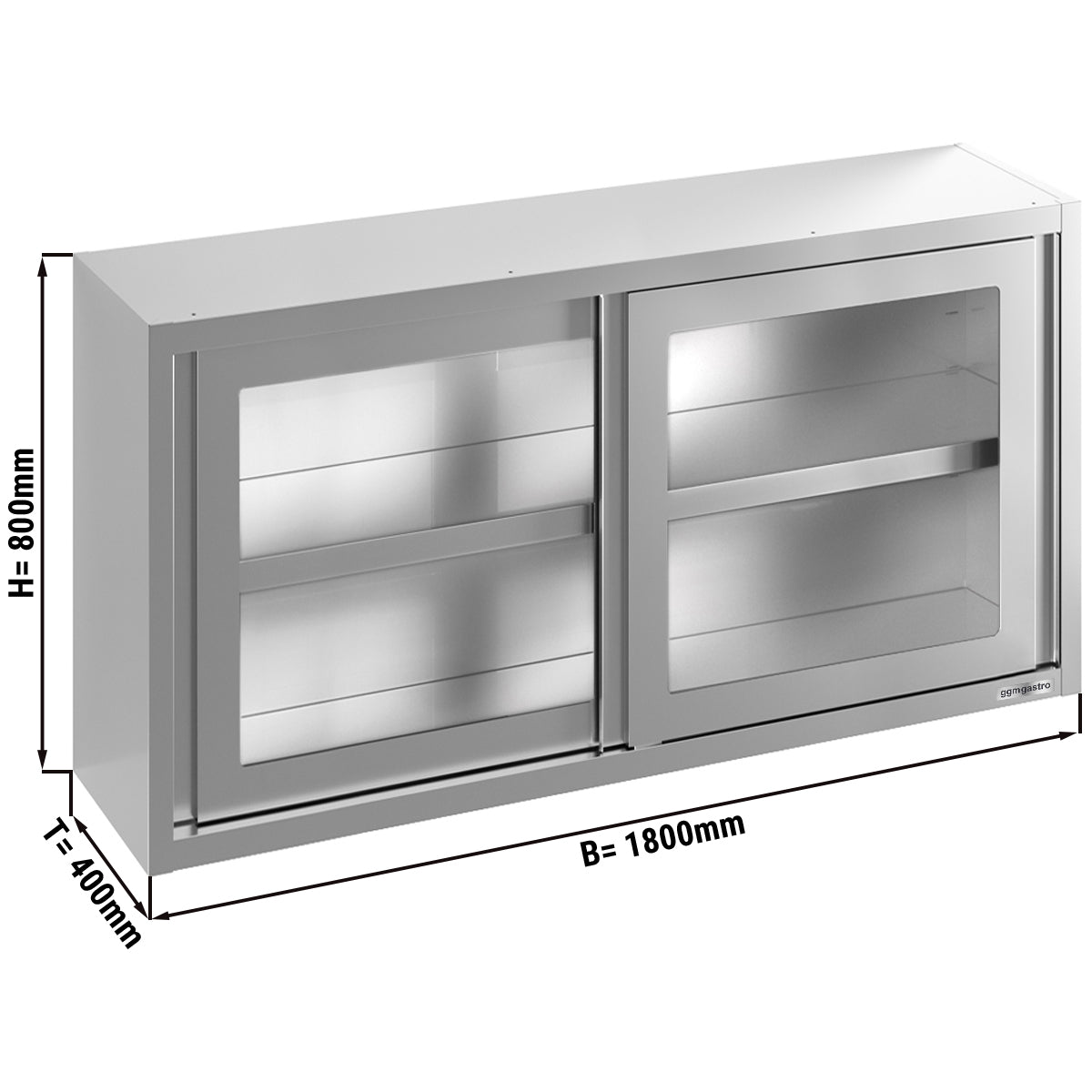 Stainless steel wall cabinet 1.8 m - with sliding glass door - 0.8 m high