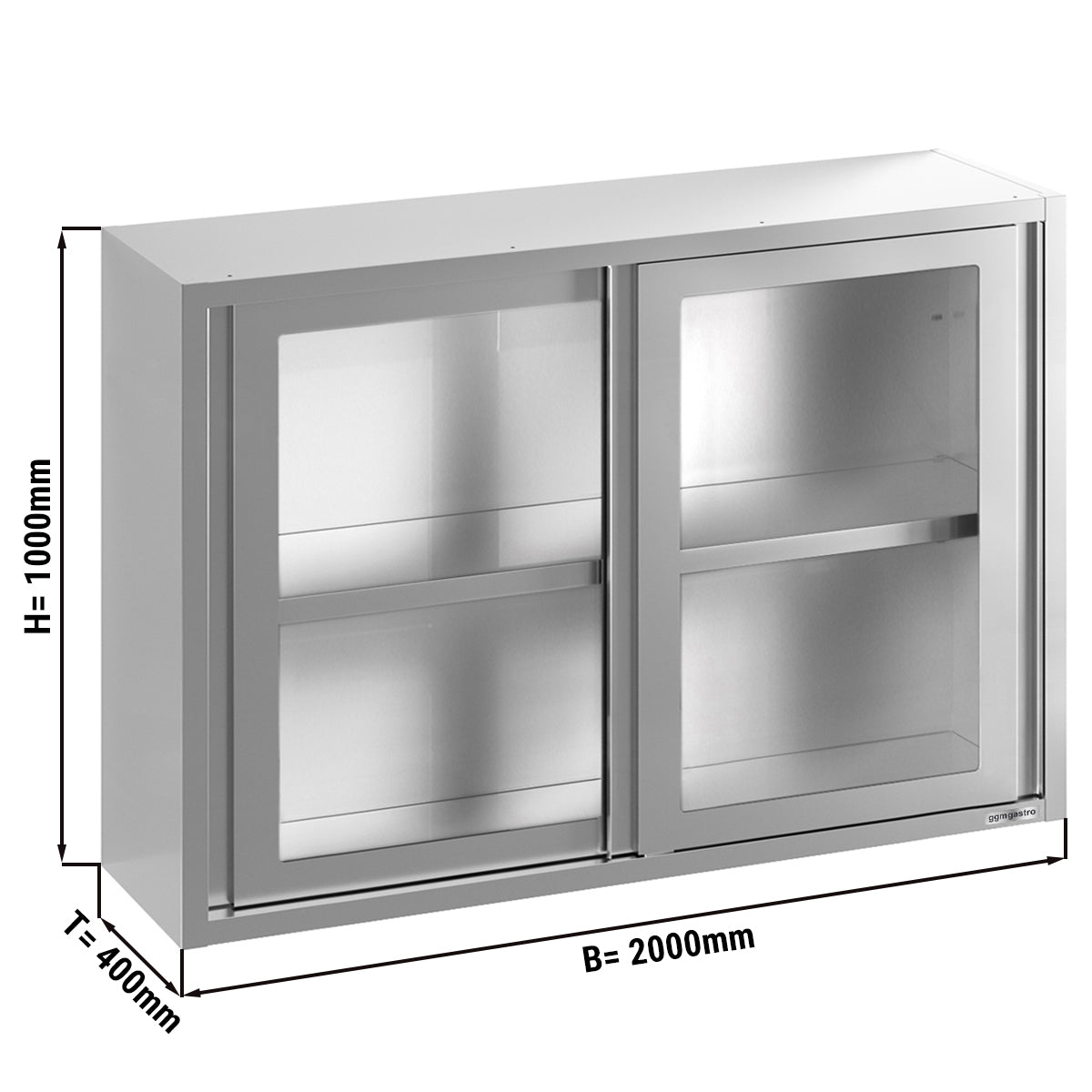 Stainless steel wall cabinet 2.0 m - with sliding glass door - 1.0 m high