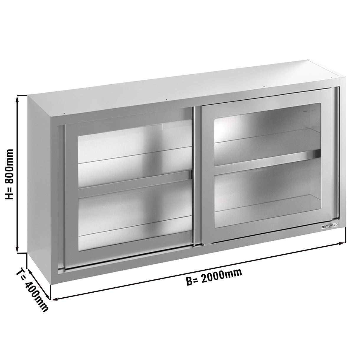 Stainless steel wall cabinet 2.0 m - with sliding glass door - 0.8 m high