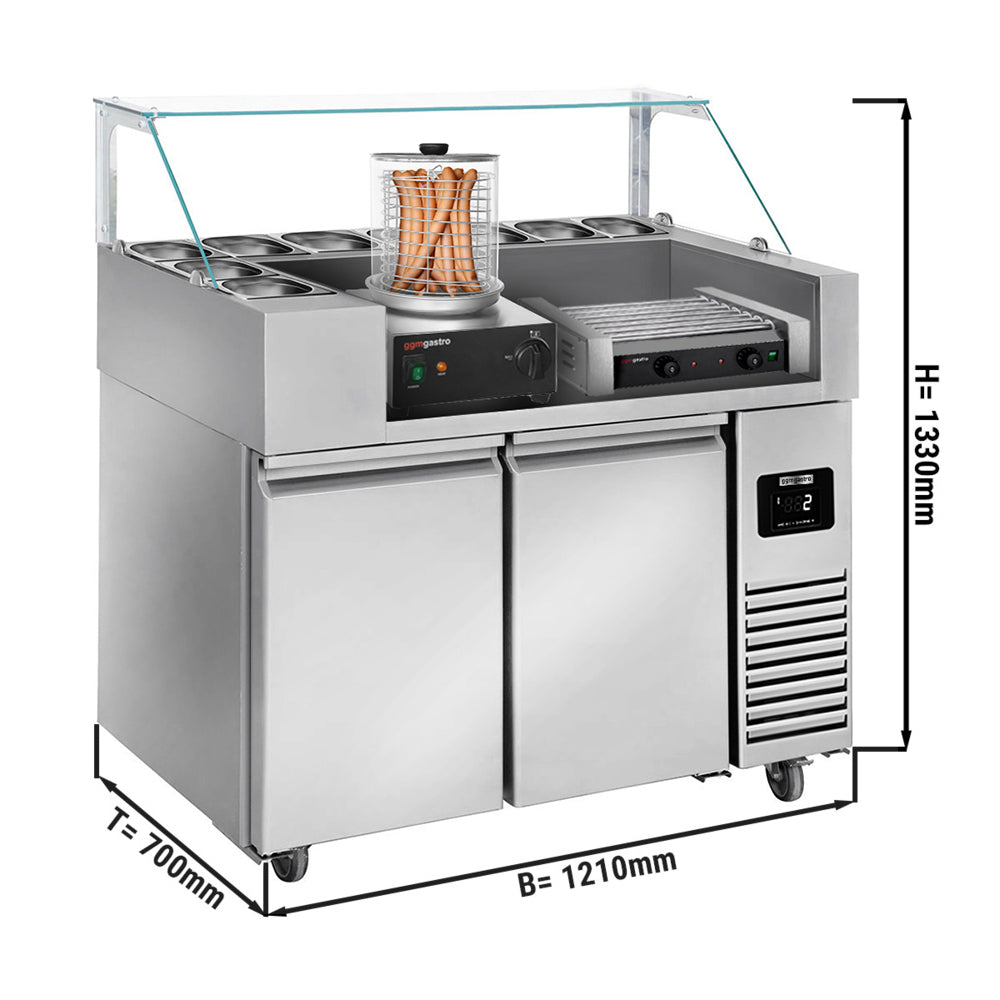 Preparation table - 1.21 x 0.7 m - with 2 doors - incl. Hot Dog Grill and Hot Dog Machine