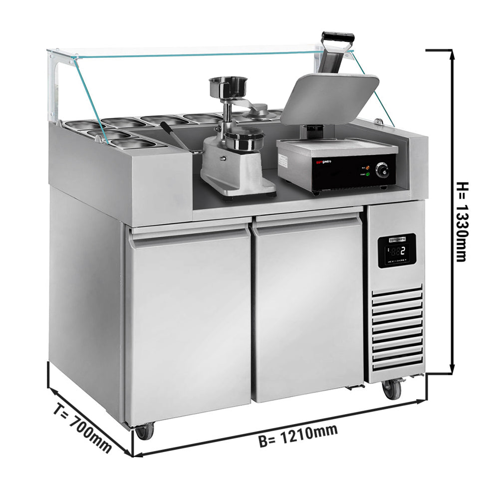 Preparation table - 1.21 x 0.7 m - with 2 doors - incl. Grill machine and hamburger machine