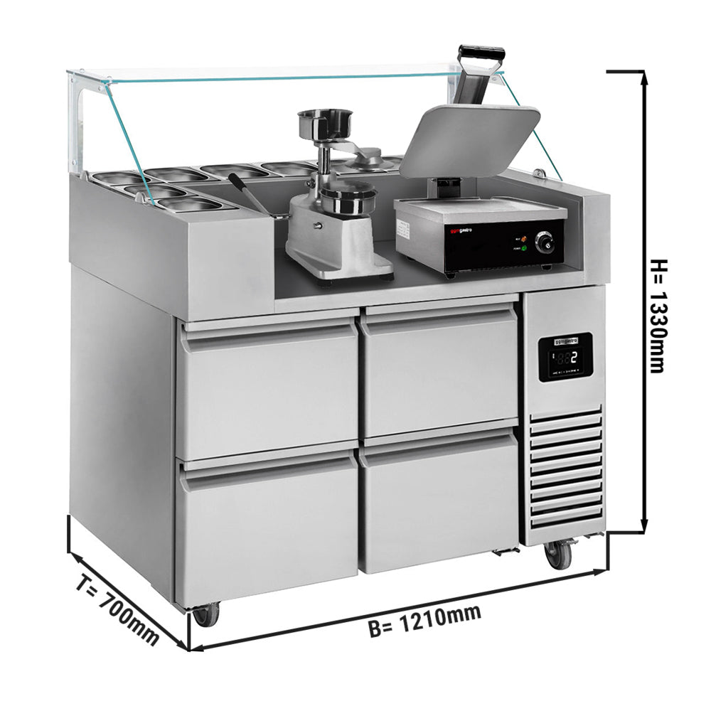 Preparation table - 1.21 x 0.7 m - with 4 drawers 1/2 - incl. Contact grill machine and hamburger machine