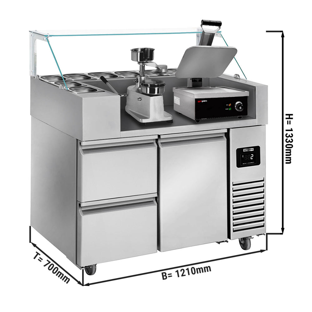 Preparation table - 1.21 x 0.7 m - with 1 door and 2 drawers 1/2 - incl. Contact grill and hamburger machine