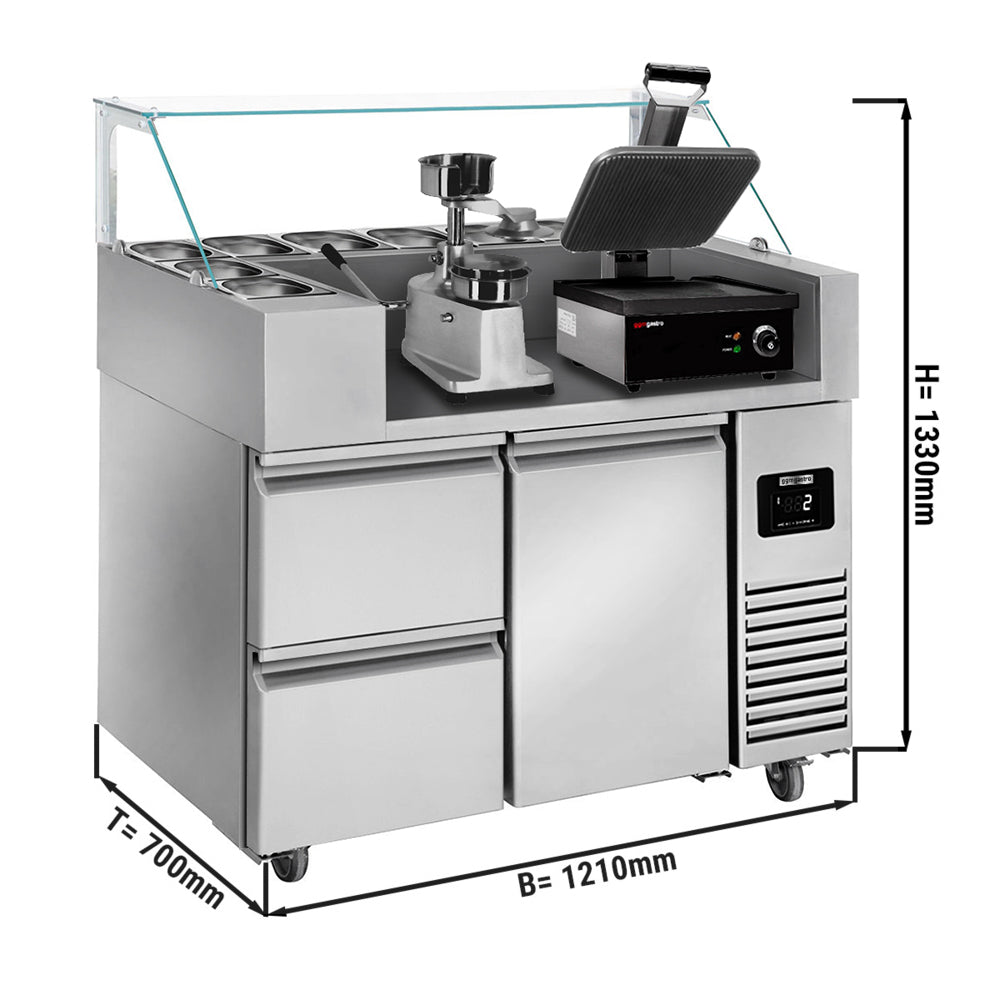 Preparation table - 1.21 x 0.7 m - with 1 door and 2 drawers 1/2 - incl. Contact grill and hamburger machine