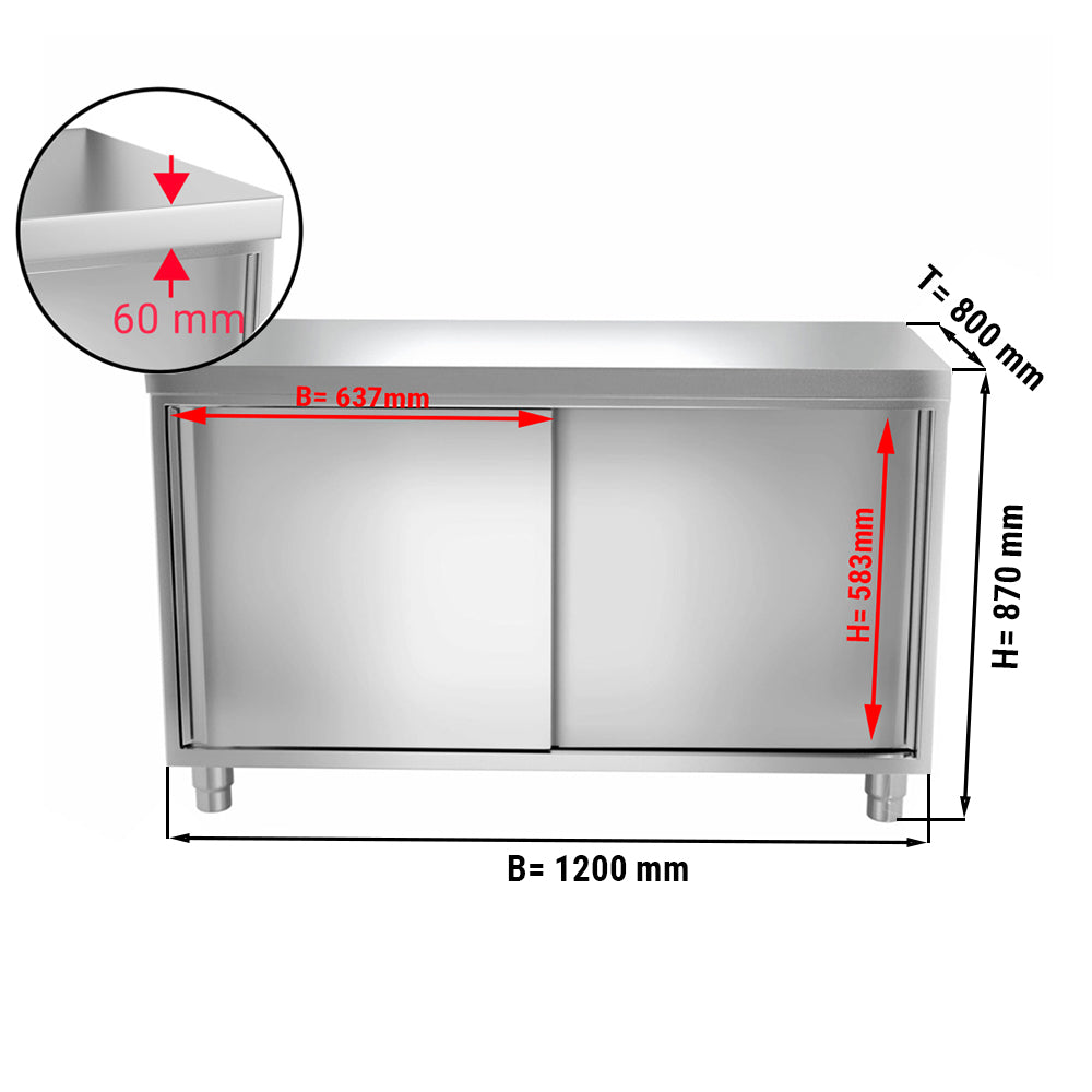 Работен шкаф от неръждаема стомана - 1,2 м - с плъзгаща се врата
