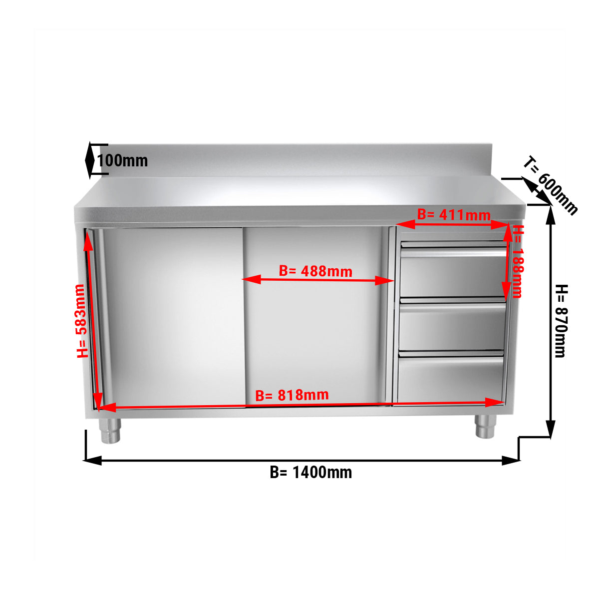 Worktop PREMIUM 1.4 m - with 3 drawers on the right and edging