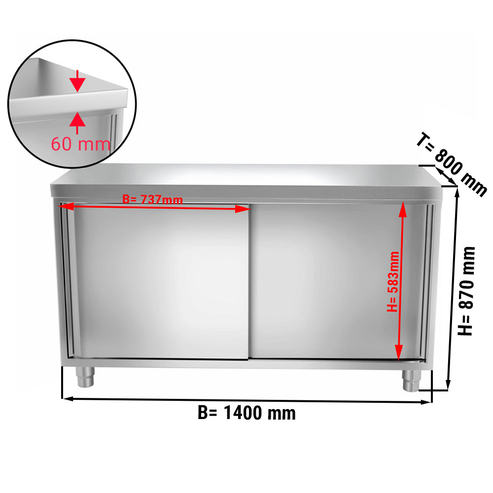 Stainless steel work cabinet - 1.4 m - with sliding door