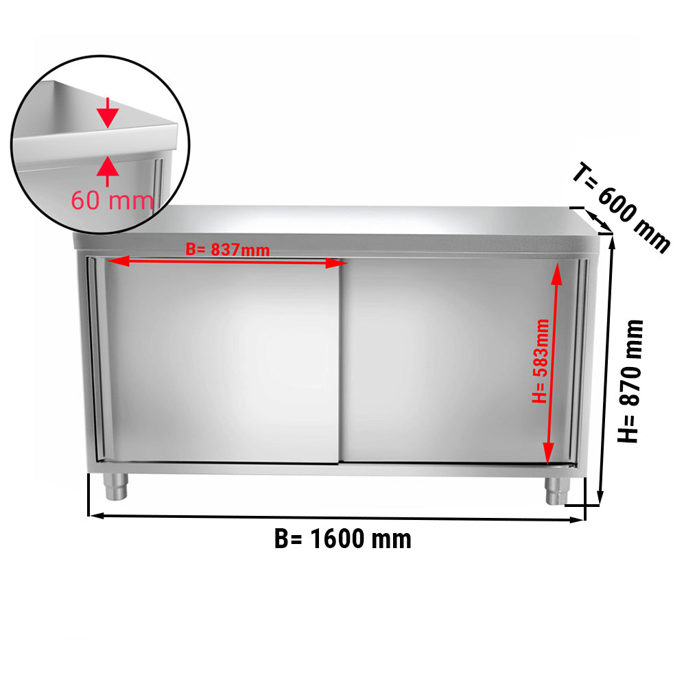 Work cabinet in stainless steel ECO - 1.6 m - with sliding door