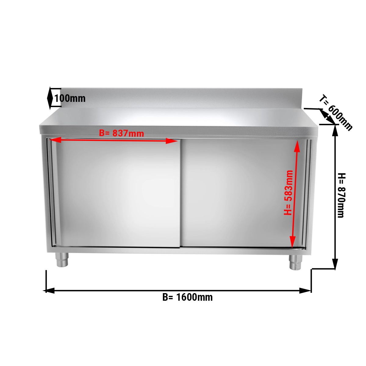 Work cabinet in stainless steel ECO - 1.6 m - with sliding door and back