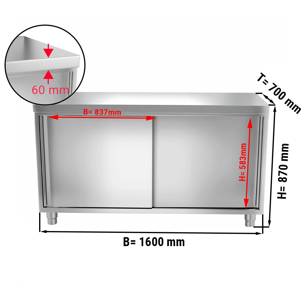 Work cabinet in stainless steel ECO - 1.6 m - with sliding door