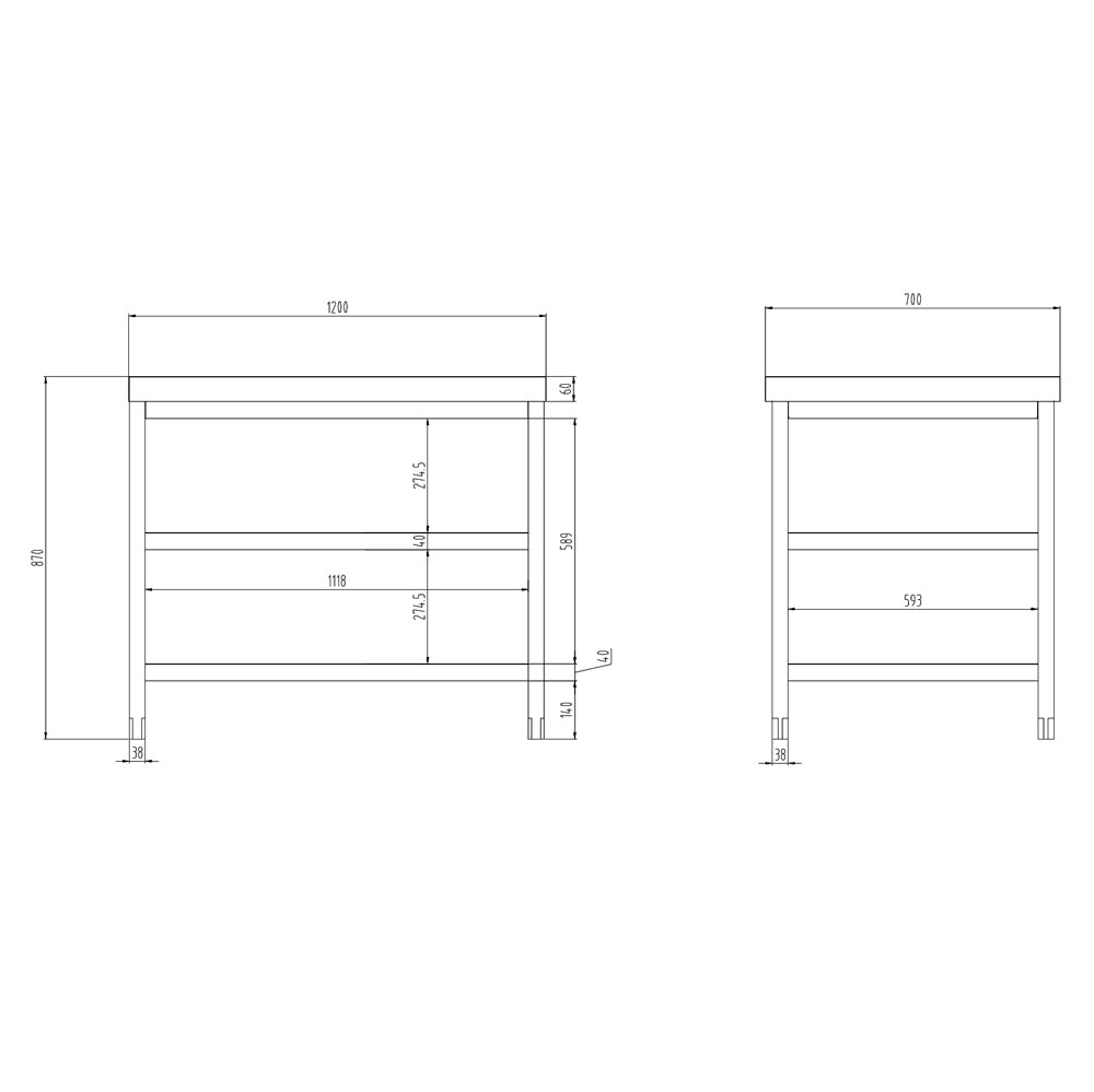 PREMIUM stainless steel work table - 1.2 m - with main shelf and intermediate shelf