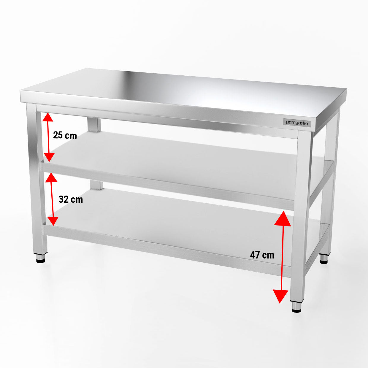 Работна маса от неръждаема стомана PREMIUM - 1,5 м - с основен рафт и междинен рафт