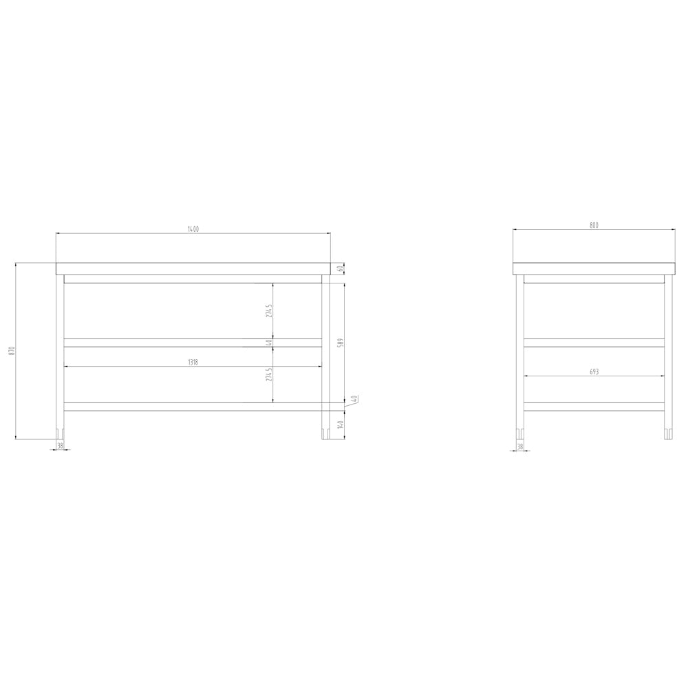 Работна маса от неръждаема стомана PREMIUM - 1,4 м - с основен рафт и междинен рафт