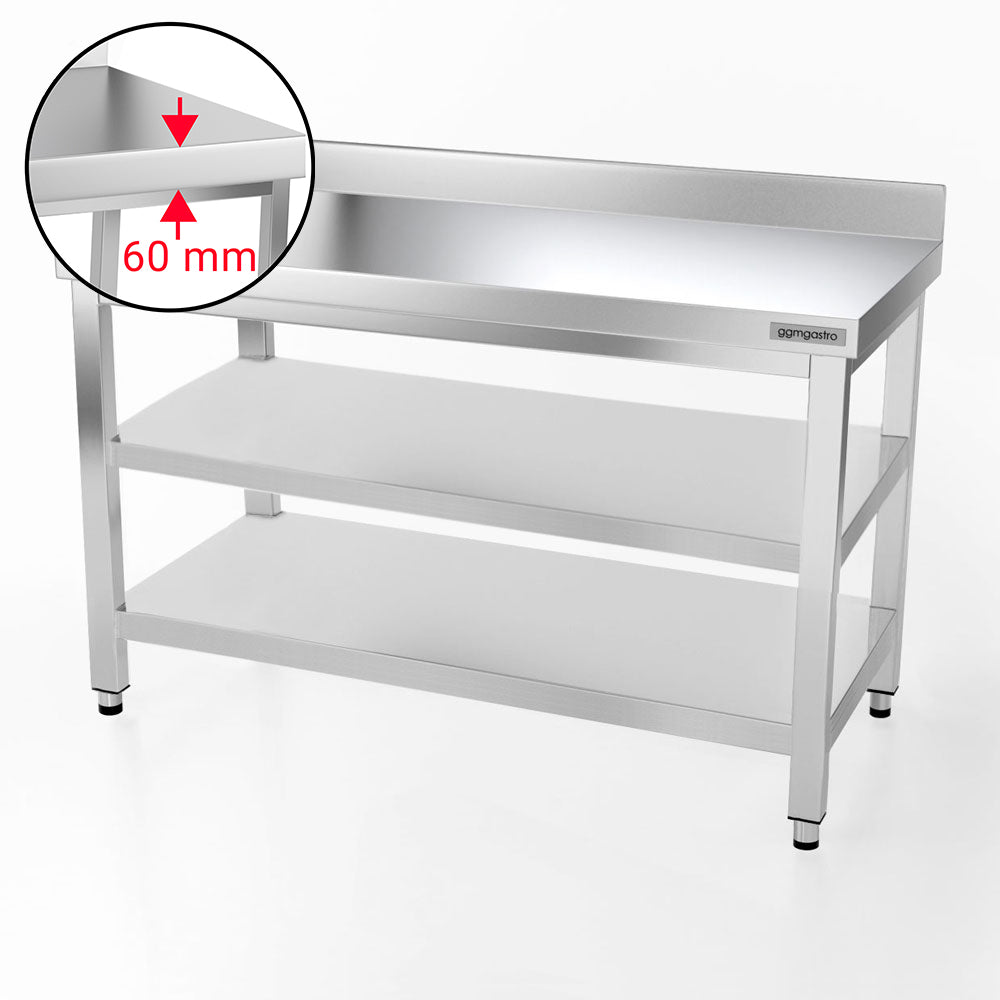 PREMIUM stainless steel work table - 1.4 m - with main shelf, intermediate shelf and stand