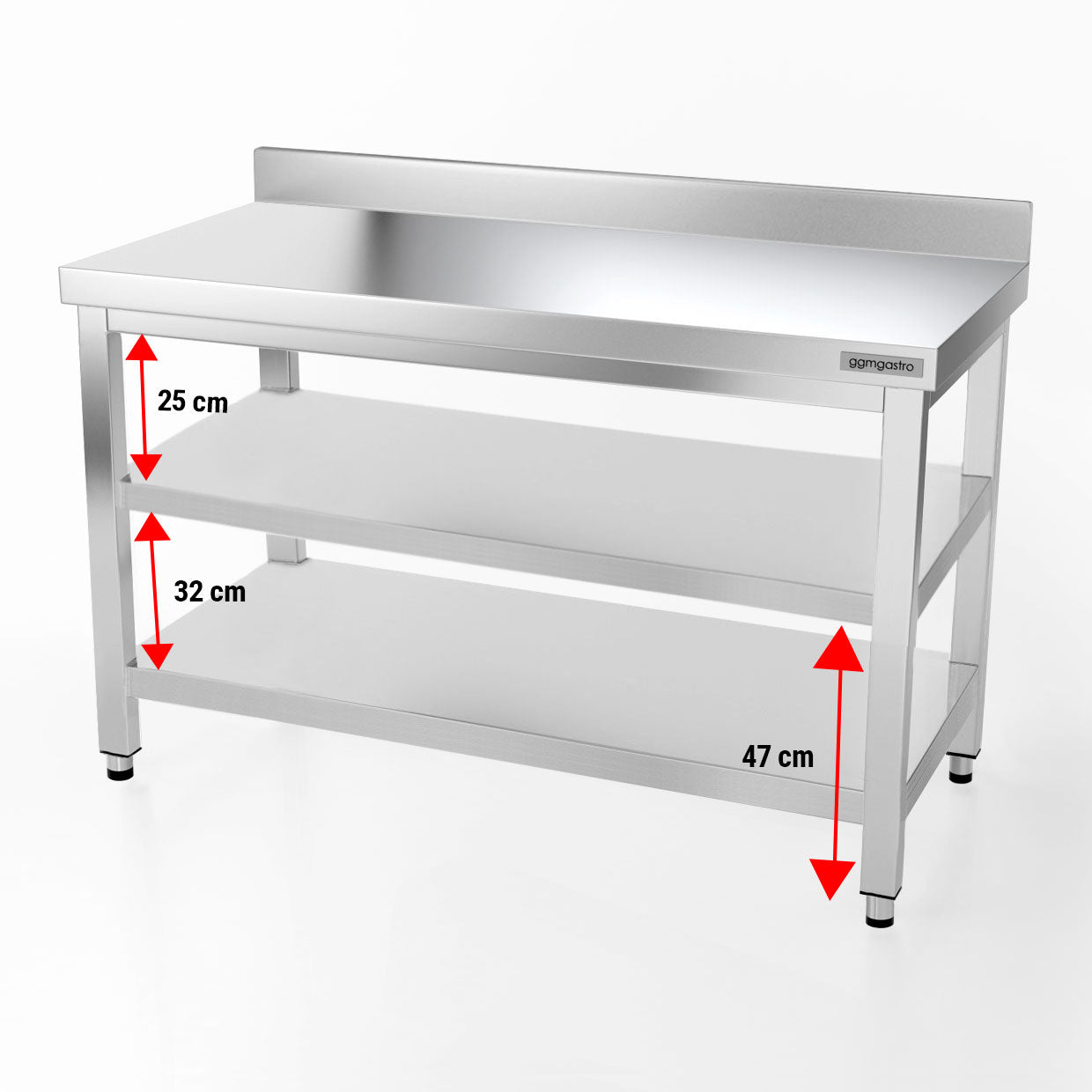 PREMIUM stainless steel work table - 1.5 m - with main shelf, intermediate shelf and stand