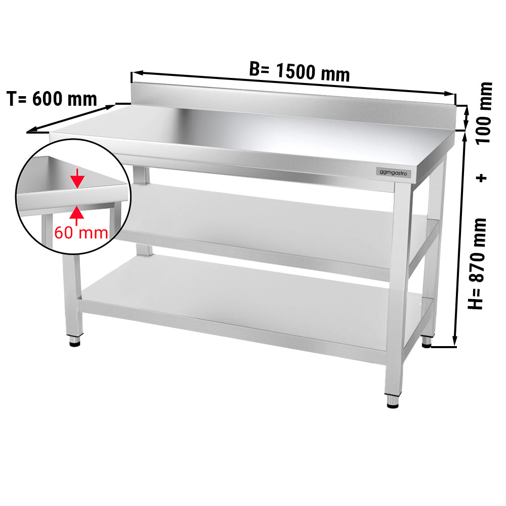 PREMIUM stainless steel work table - 1.5 m - with main shelf, intermediate shelf and stand