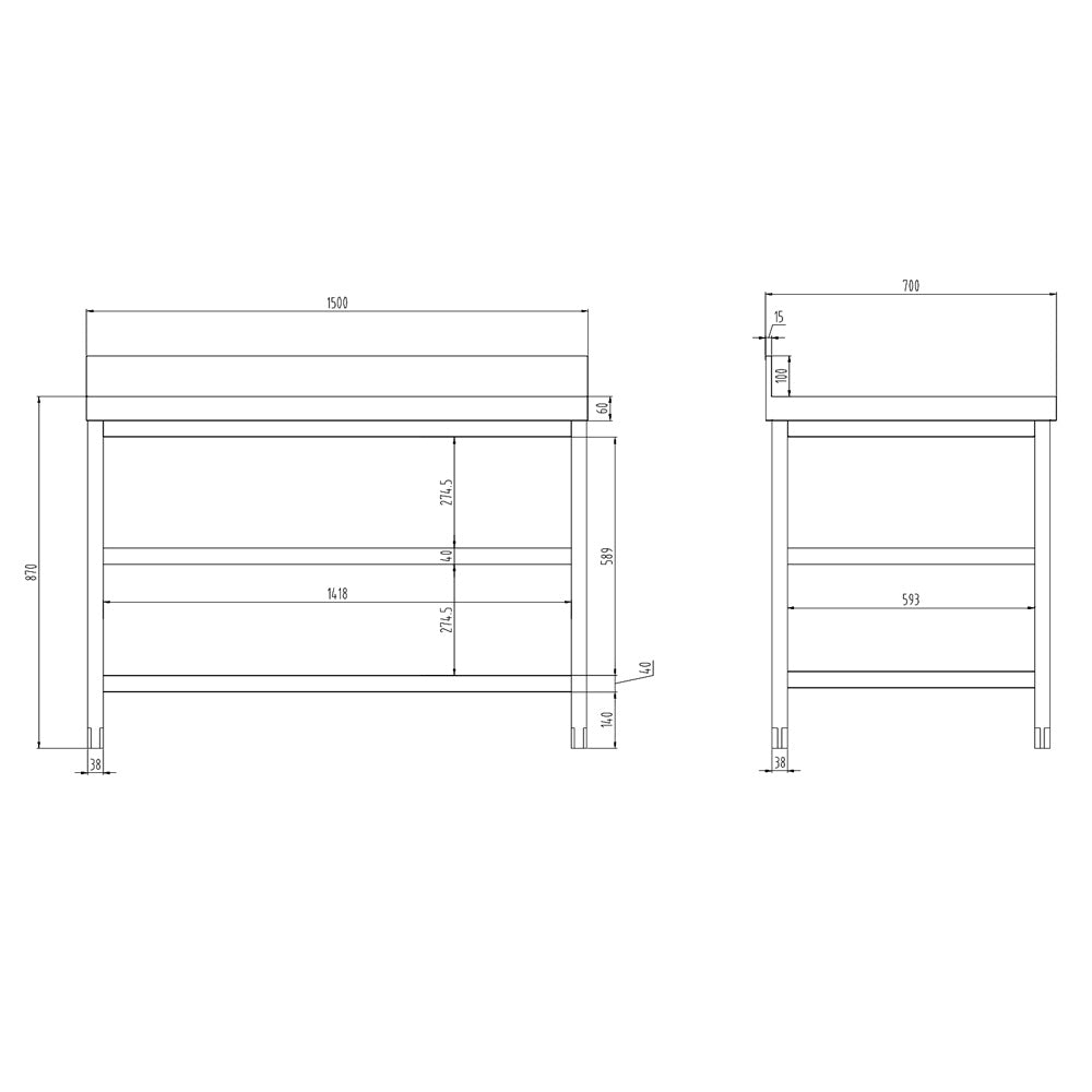 PREMIUM stainless steel work table - 1.5 m - with main shelf, intermediate shelf and stand