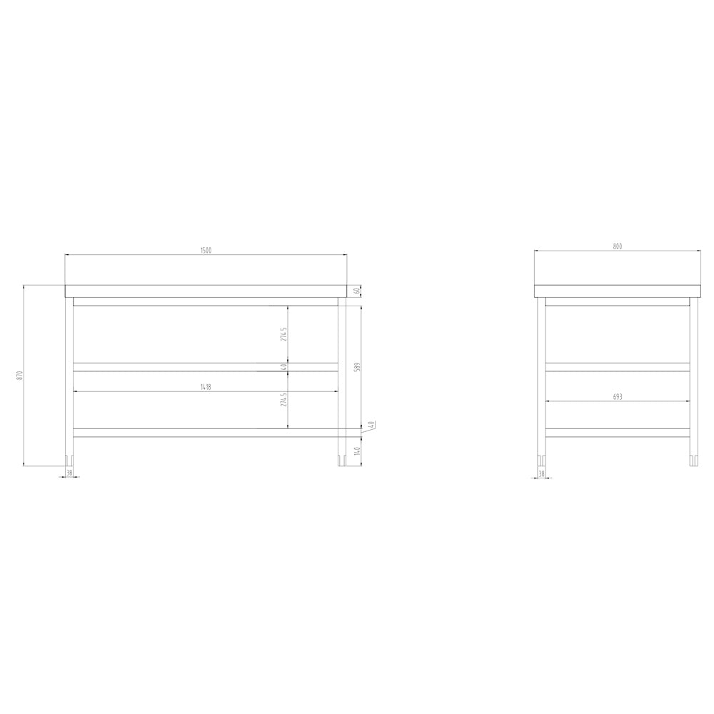 Работна маса от неръждаема стомана PREMIUM - 1,5 м - с основен рафт и междинен рафт