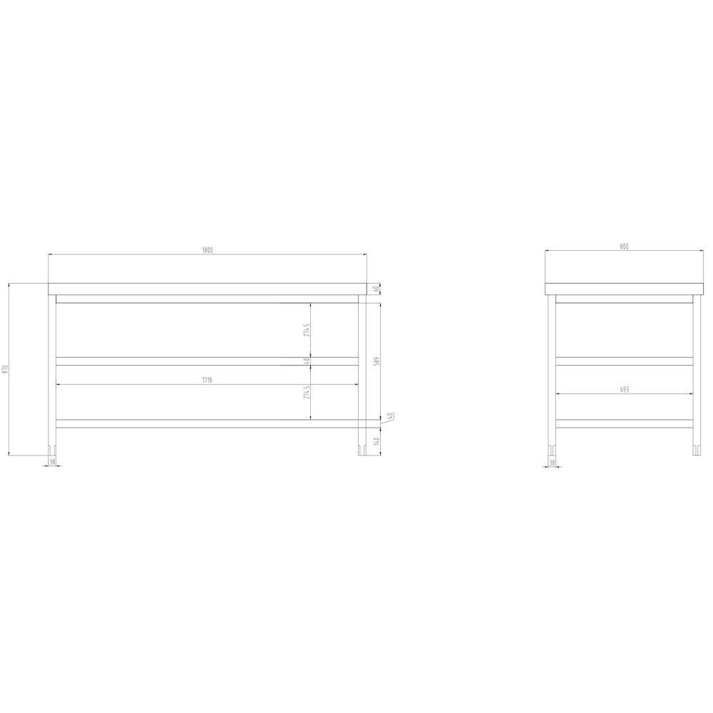 Работна маса от неръждаема стомана PREMIUM - 1,8 м - с основен рафт и междинен рафт