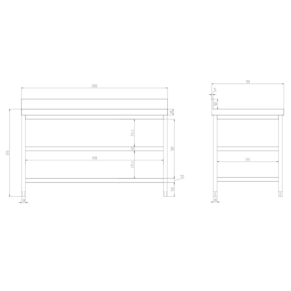 PREMIUM stainless steel work table - 2.0 m. - with main shelf, intermediate shelf and stand