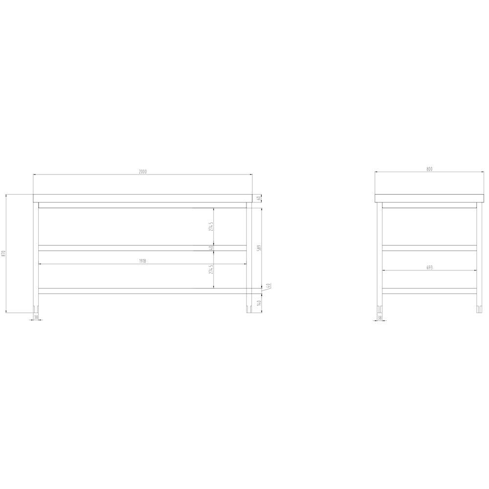 Work table PREMIUM made of stainless steel - 2.0 m. - with a main shelf and an intermediate shelf