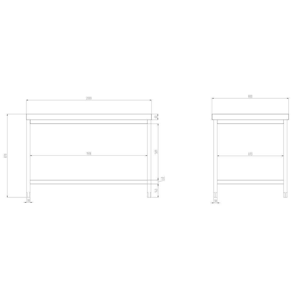 Work table PREMIUM made of stainless steel - 2.0 m. - with main shelf