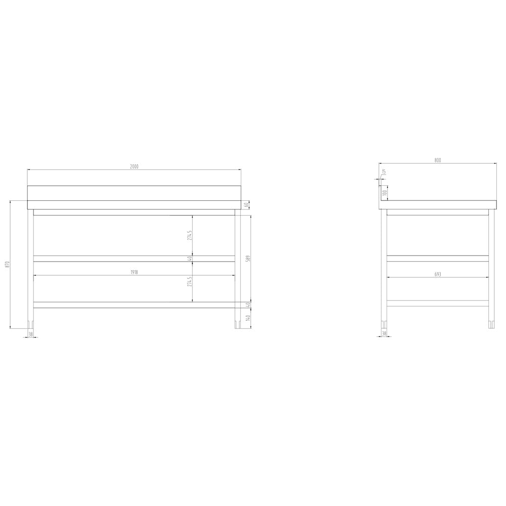 PREMIUM stainless steel work table - 2.0 m. - with main shelf, intermediate shelf and stand