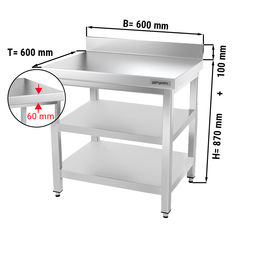 PREMIUM work table made of stainless steel - 0.6 m. - with main shelf, intermediate shelf and stand