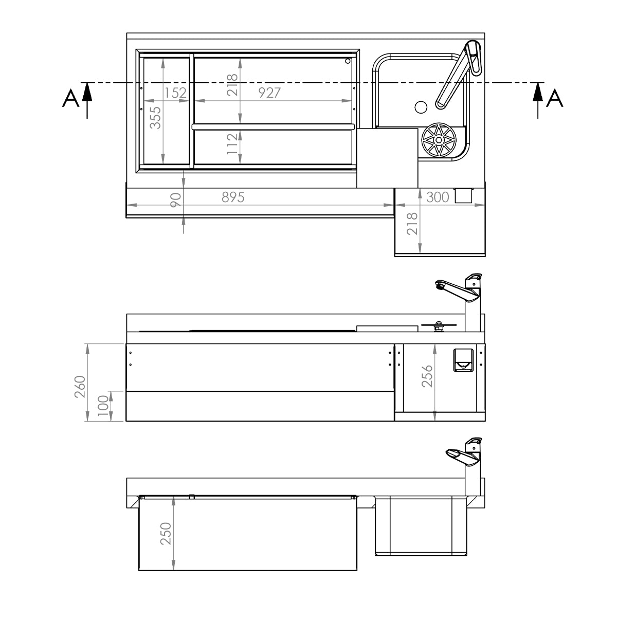 Refrigerated bar / drinks table - 1.6 x 0.6 m - 235 liters - with 3 drawers 1/1 and shelves