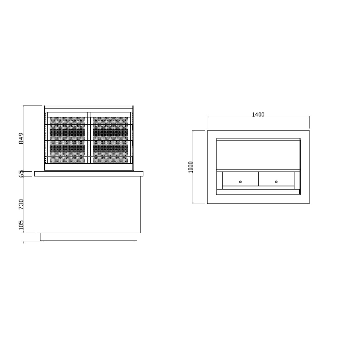 Refrigerated showcase - 1.4 x 1.0 m - 640 liters - with 3 shelves