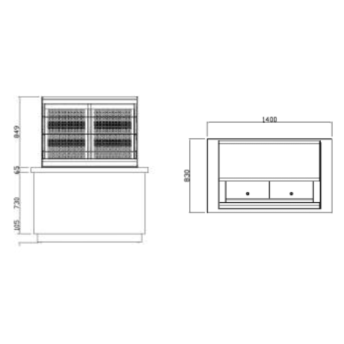 Refrigerated showcase - 1.4 x 0.83 m - 640 liters - with 3 shelves