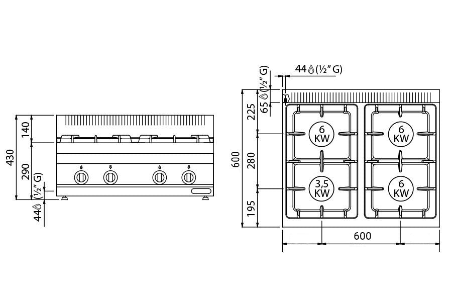 Gas hob with 4 burners (14kW) with pilot flame