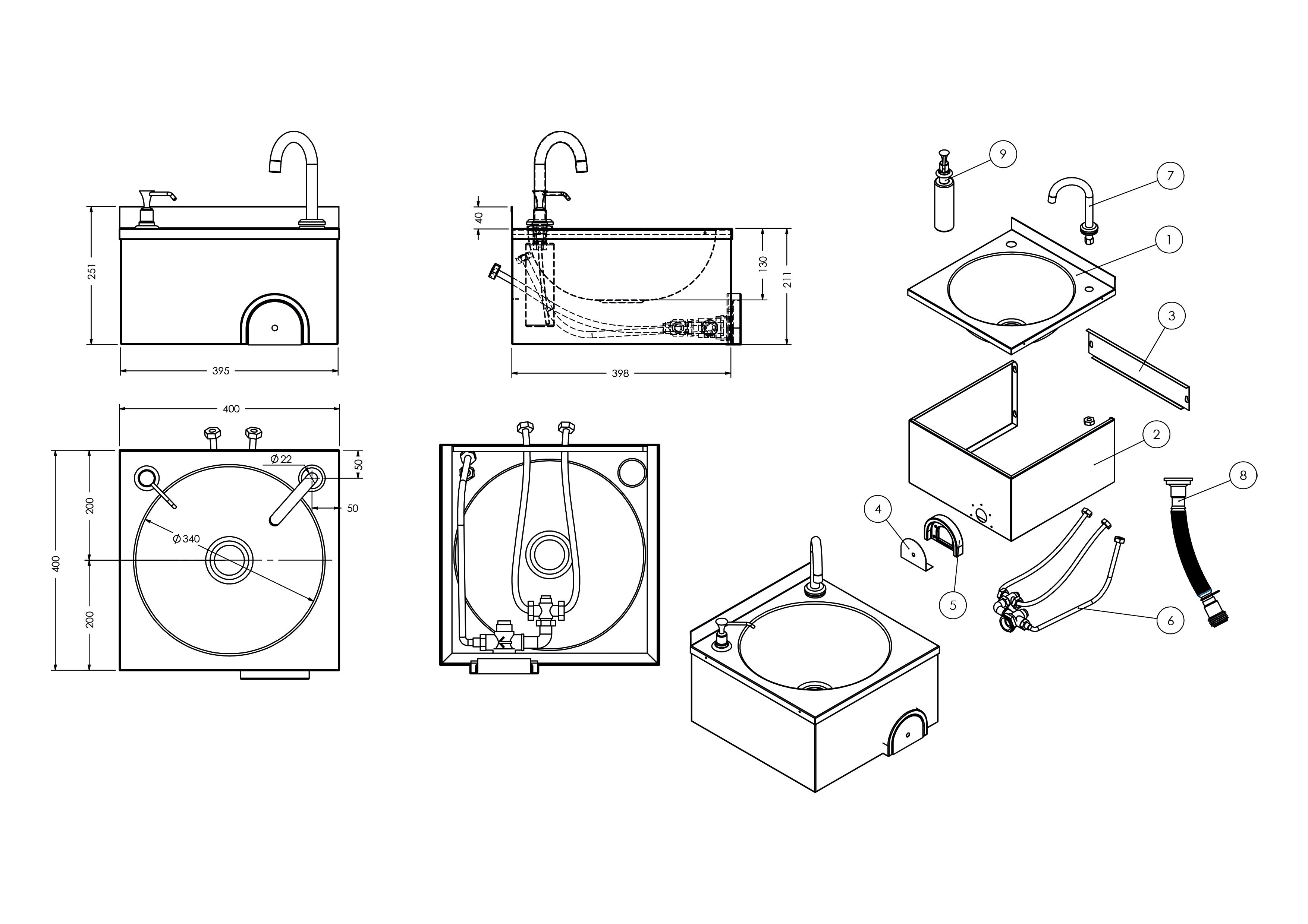 Hand wash basin - with mixer tap (cold and hot water connection) and soap dispenser