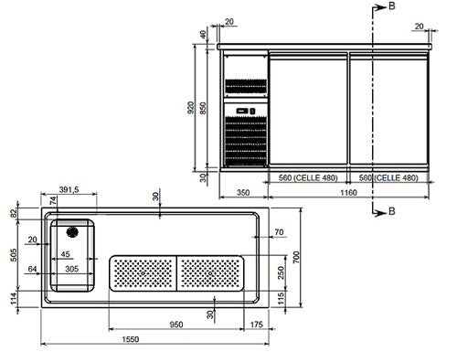 Beer fridge 1.5 x 0.7 m - 1 glass door and 3 drawers 1/3 + 1/3 + 1/3