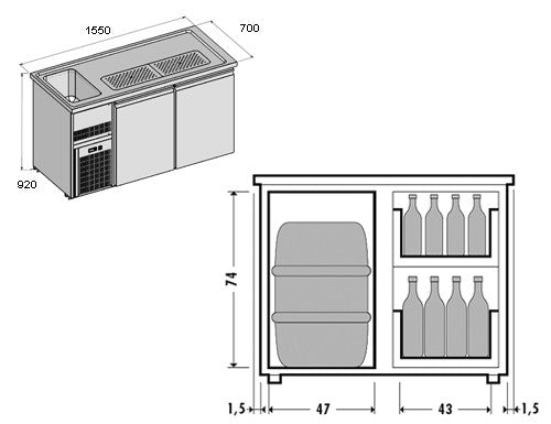 Beer fridge 1.5 x 0.7 m - 1 glass door and 3 drawers 1/3 + 1/3 + 1/3