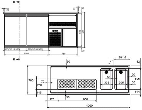 Beer fridge 1.95 x 0.7 m - 1 glass door and 2 drawers 2/5 + 3/5