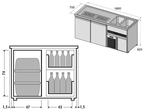 Beer fridge 1.95 x 0.7 m - 1 glass door and 2 drawers 2/5 + 3/5