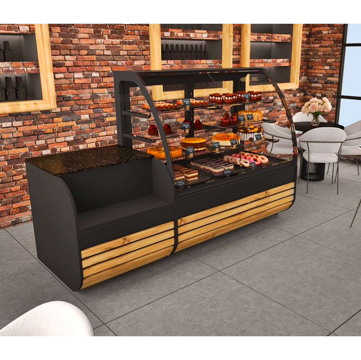 Cake display - 1.84 x 0.82 m - with 3 glass shelves - incl. Cash register - 1.1 m