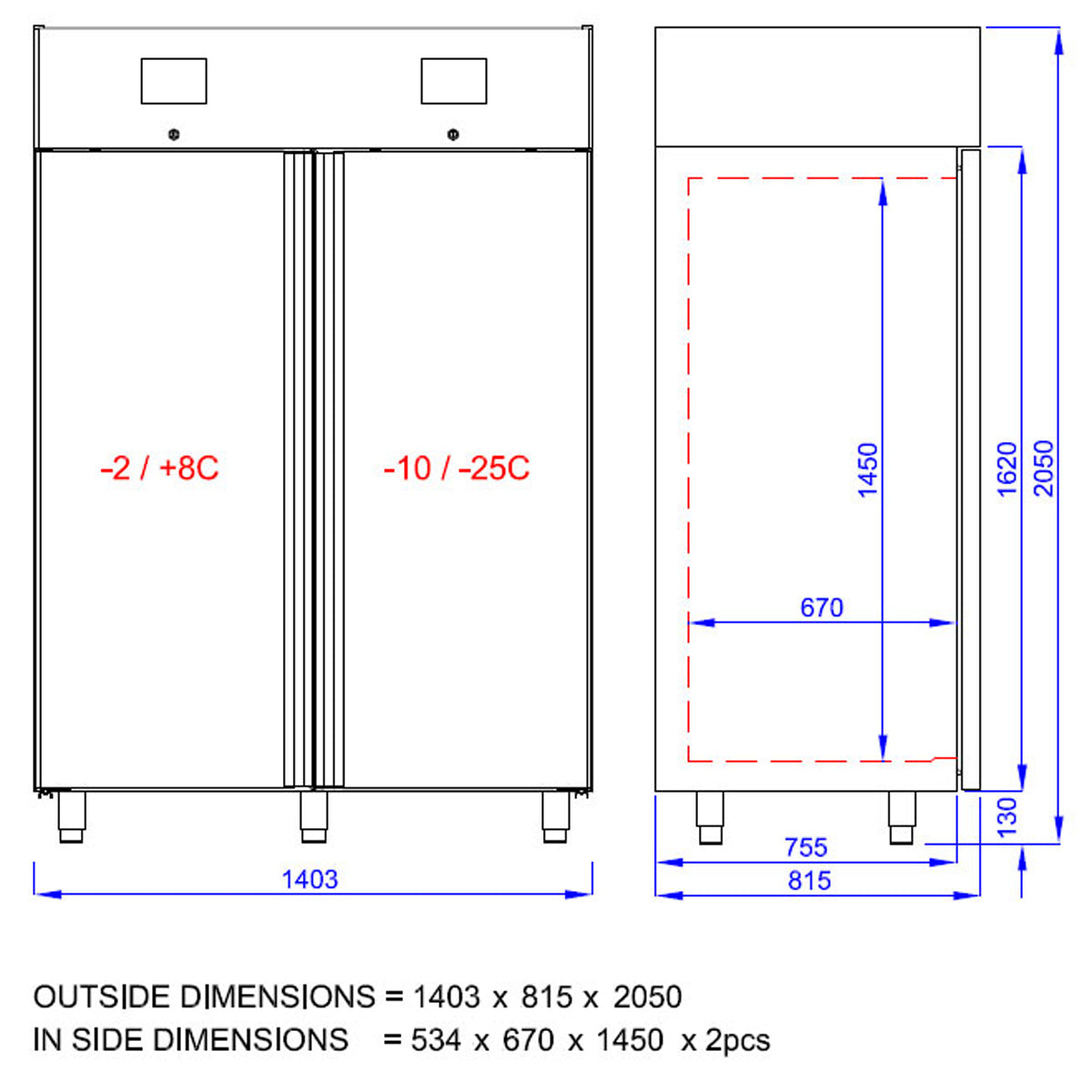 Комбинация хладилник и фризер - 1,4 х 0,81 м - 1400 литра - с 2 врати