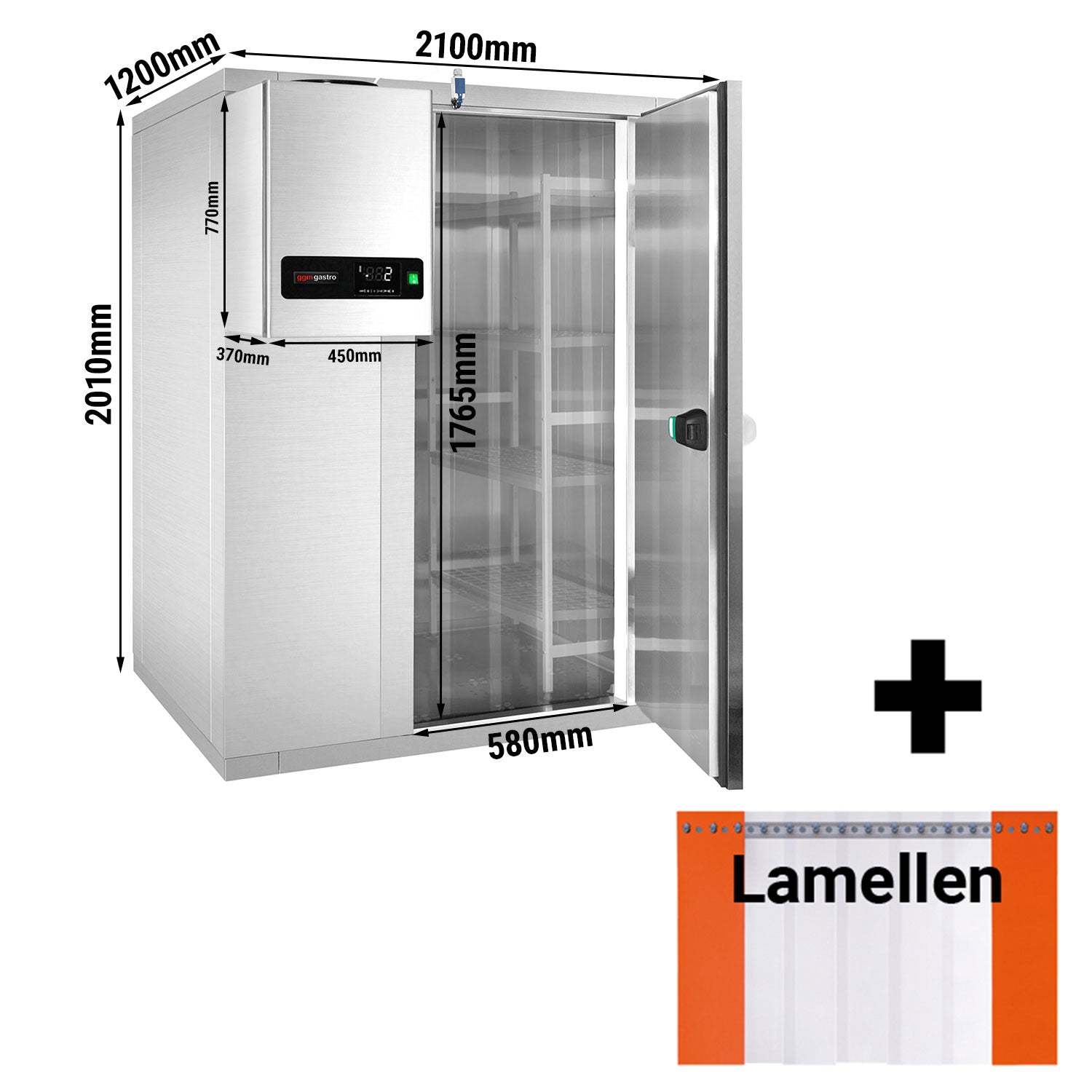 Freezer room in stainless steel - 2.1 x 1.2 m - height: 2.01 m - 3.16 m³ - including MINUS wall unit