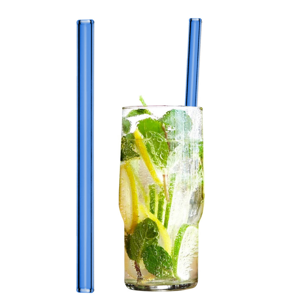 (50 броя) Стъклени сламки за пиене в синьо - 20 см - прави - вкл. Найлонова четка за почистване