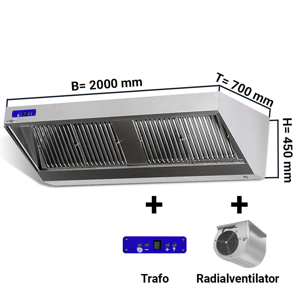 Wall hood 2.0 m - with motor, regulator, filter and lamp